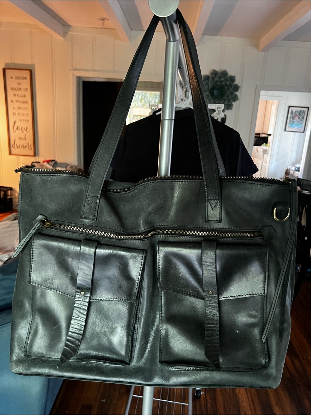 Raven and Lily Unisex Black Leather Tote Bag with Front Pockets